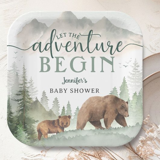 Adventure Begin Baby Shower Bear Woodland Forest ペーパープレート