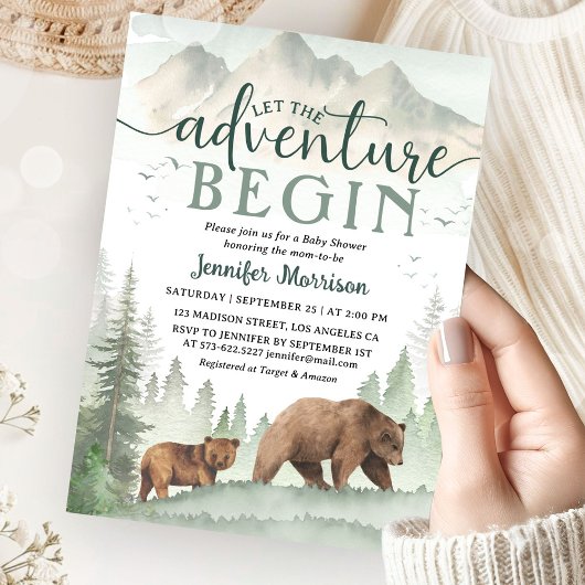 Adventure Begin Baby Shower Bear Woodland Forest 招待状