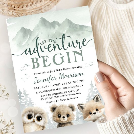Adventure Begin Baby Shower Woodland Mountain 招待状