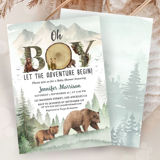 Adventure Begin Bear Boy Baby Shower Woodland  招待状