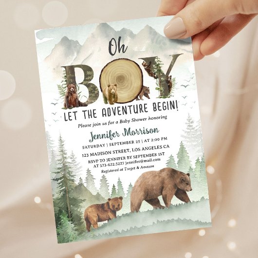 Adventure Begin Bear Boy Baby Shower Woodland  招待状