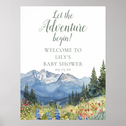 Adventure Begin Mountain Baby Shower Welcome Sign ポスター (正面)