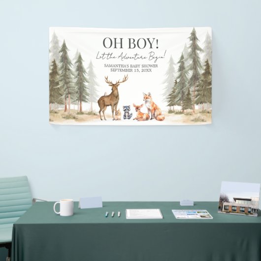 Adventure Begin Woodland Animals Baby Shower 横断幕 (トレードショー)