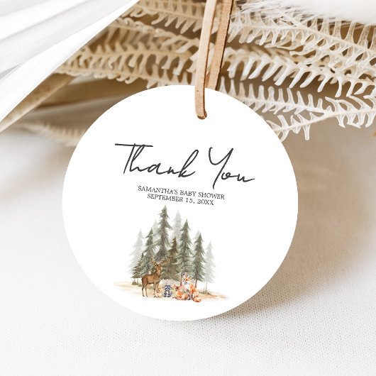 Adventure Begin Woodland Animals Baby Shower Round フェイバータグ