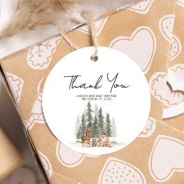 Adventure Begin Woodland Winter Baby Shower Round フェイバータグ