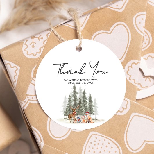 Adventure Begin Woodland Winter Baby Shower Round フェイバータグ