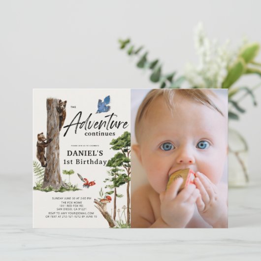 Adventure Continues Bear Forest 1st Birthday Photo 招待状 (スタンド正面)