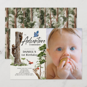 Adventure Continues Bear Forest 1st Birthday Photo 招待状