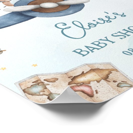 Adventure Cute Bear Blue Plane Boy Baby Shower ポスター (角)