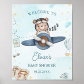 Adventure Cute Bear Blue Plane Boy Baby Shower ポスター (正面)