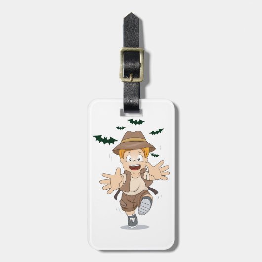 Adventure Explorer Kid Running from Bats ラゲッジタグ (正面縦)