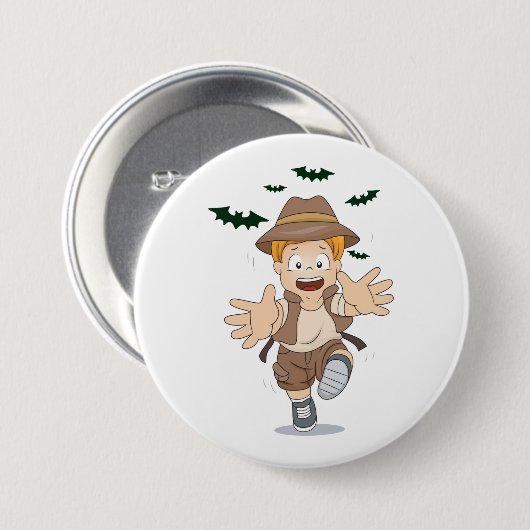 Adventure Explorer Kid Running from Bats 缶バッジ (正面&裏面)