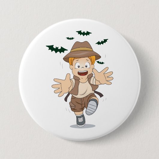 Adventure Explorer Kid Running from Bats 缶バッジ (正面)