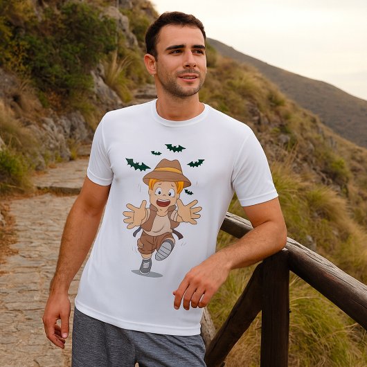 Adventure Explorer Kid Running from Bats Tシャツ