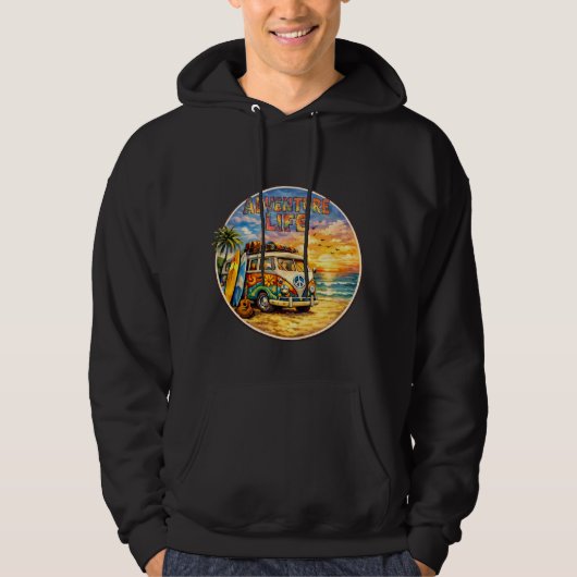 Adventure Life Retro Hippie Beach Sunset Graphic パーカ (正面)