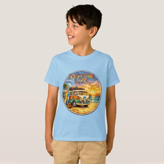 Adventure Life Retro Hippie Beach Sunset Graphic Tシャツ (正面フル)