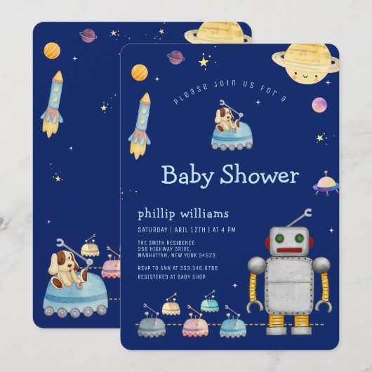 Adventure Toy Robot Boy Outer Space Baby Shower 招待状 (正面/裏面)