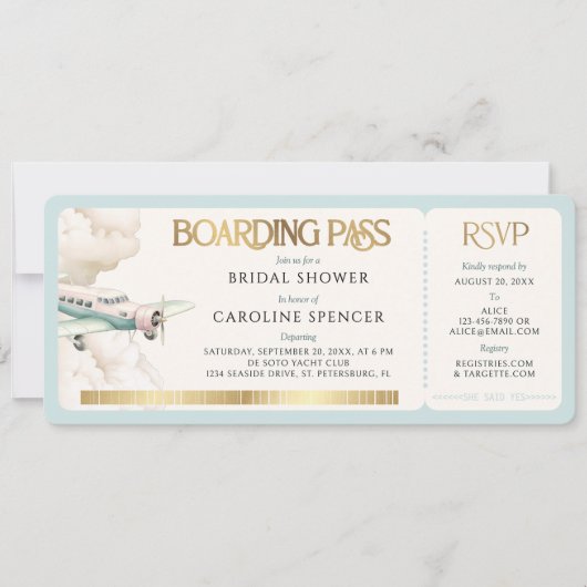 Adventure Travel Boarding Pass Bridal Shower 招待状 (正面)