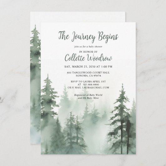 Adventure Watercolor Forest Baby Shower 招待状 (正面/裏面)