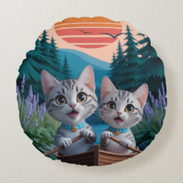 “Adventurous Kittens at Sunset – Cute Cat  ラウンドクッション
