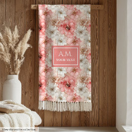 Aerial Pink and Gold Modern Ink Flowers Monogram フリースブランケット