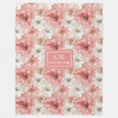 Aerial Pink and Gold Modern Ink Flowers Monogram フリースブランケット (正面)