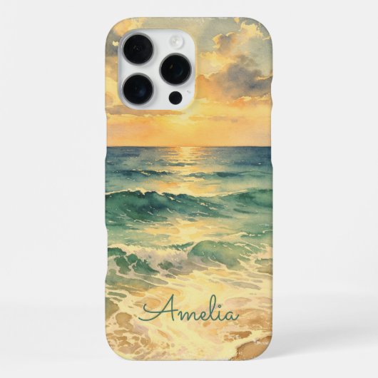 Aesthetic Beach Sunset Watercolor Custom Name iPhoneケース (裏面)