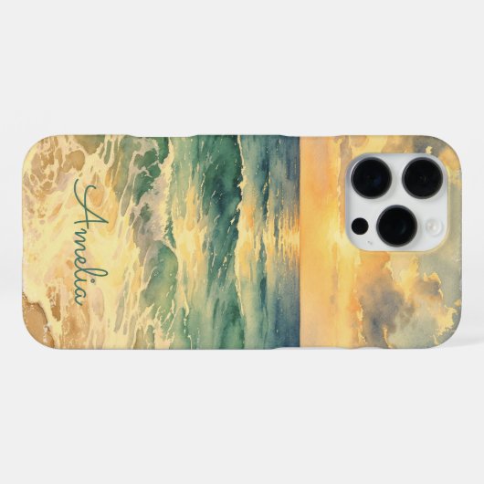 Aesthetic Beach Sunset Watercolor Custom Name iPhoneケース (裏面横)