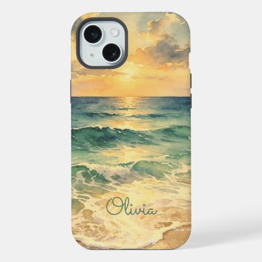 Aesthetic Beach Sunset Watercolor Custom Name iPhoneケース (裏面)