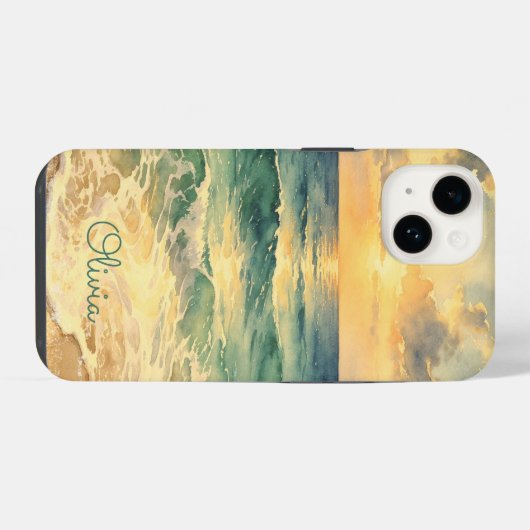 Aesthetic Beach Sunset Watercolor Custom Name iPhoneケース (裏面横)