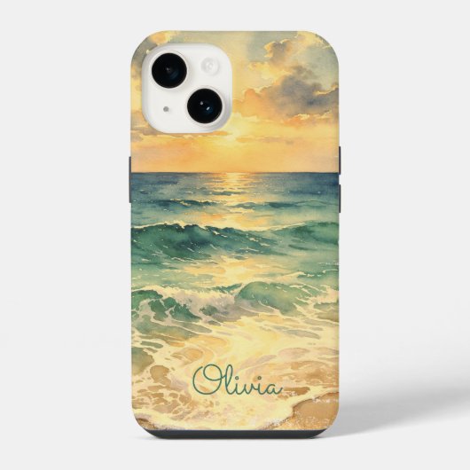 Aesthetic Beach Sunset Watercolor Custom Name iPhoneケース (裏面)