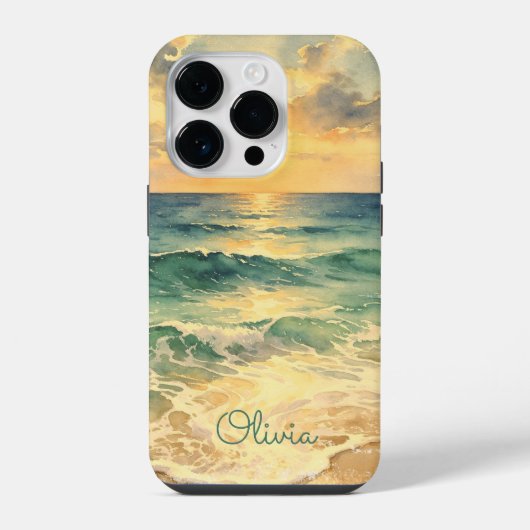 Aesthetic Beach Sunset Watercolor Custom Name iPhoneケース (裏面)