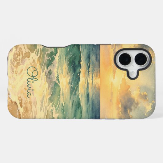 Aesthetic Beach Sunset Watercolor Custom Name iPhoneケース (裏面横)