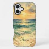 Aesthetic Beach Sunset Watercolor Custom Name iPhoneケース (裏面)