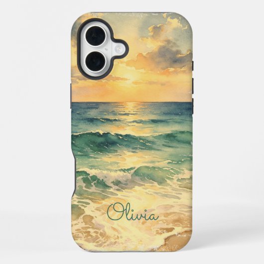 Aesthetic Beach Sunset Watercolor Custom Name iPhoneケース (裏面)