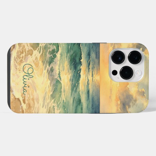 Aesthetic Beach Sunset Watercolor Custom Name iPhoneケース (裏面横)
