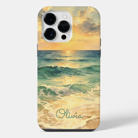 Aesthetic Beach Sunset Watercolor Custom Name iPhoneケース (裏面)