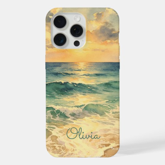 Aesthetic Beach Sunset Watercolor Custom Name iPhoneケース (裏面)