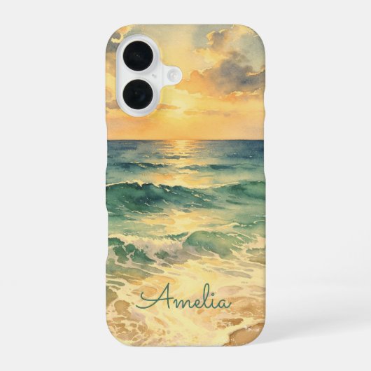 Aesthetic Beach Sunset Watercolor Custom Name iPhone 16ケース (裏面)