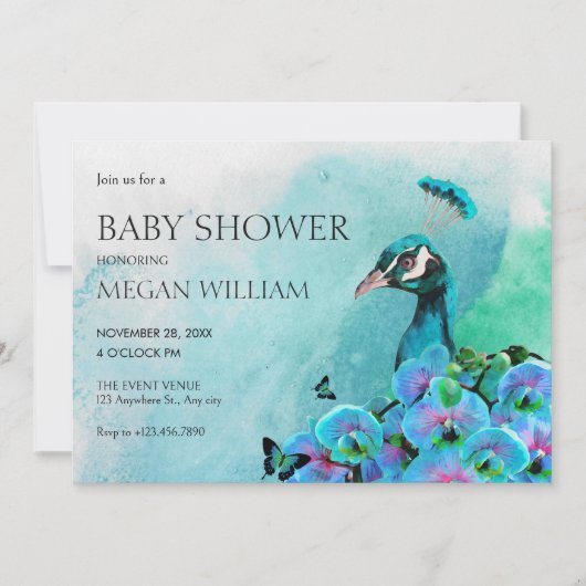 Aesthetic Blue Peacock Bird baby shower 招待状 (正面)