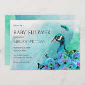 Aesthetic Blue Peacock Bird baby shower 招待状 (正面/裏面)