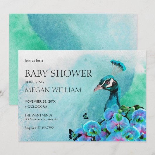 Aesthetic Blue Peacock Bird baby shower 招待状 (正面/裏面)