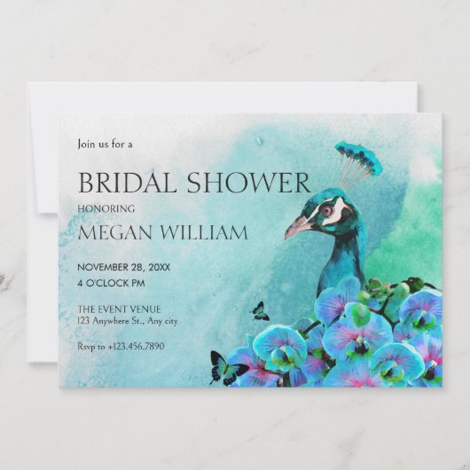 Aesthetic Blue Peacock Bird bridal shower 招待状 (正面)