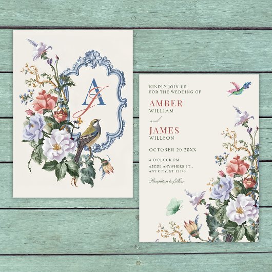 Aesthetic Floral bird wedding 招待状