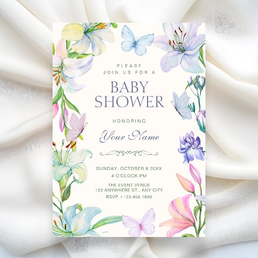 Aesthetic Floral butterflies baby shower 招待状