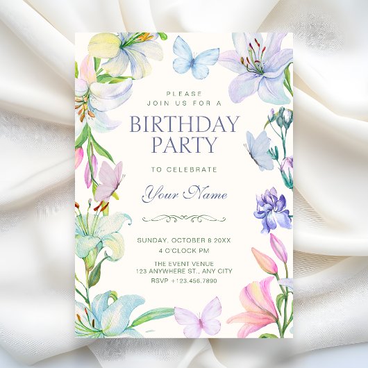 Aesthetic Floral butterflies birthday 招待状