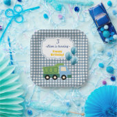 Aesthetic Gingham Blue Construction 3rd Birthday ペーパープレート (パーティー)