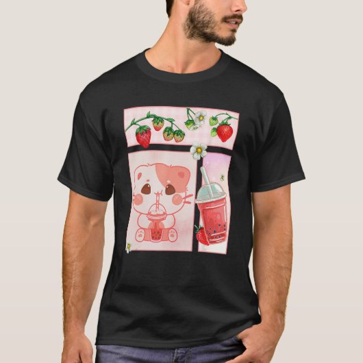 Aesthetic Harajuku Cute Cat Drink Strawberry Boba  Tシャツ (正面)