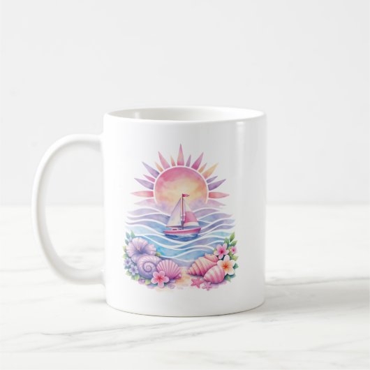 Aesthetic Pink Beach Sailboat Watercolor Sunset コーヒーマグカップ (左)
