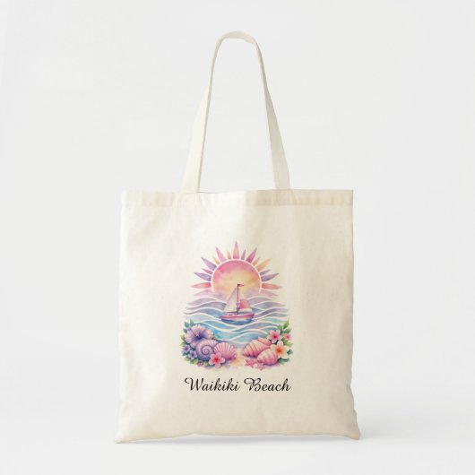 Aesthetic Pink Beach Sailboat Watercolor Sunset トートバッグ (正面)
